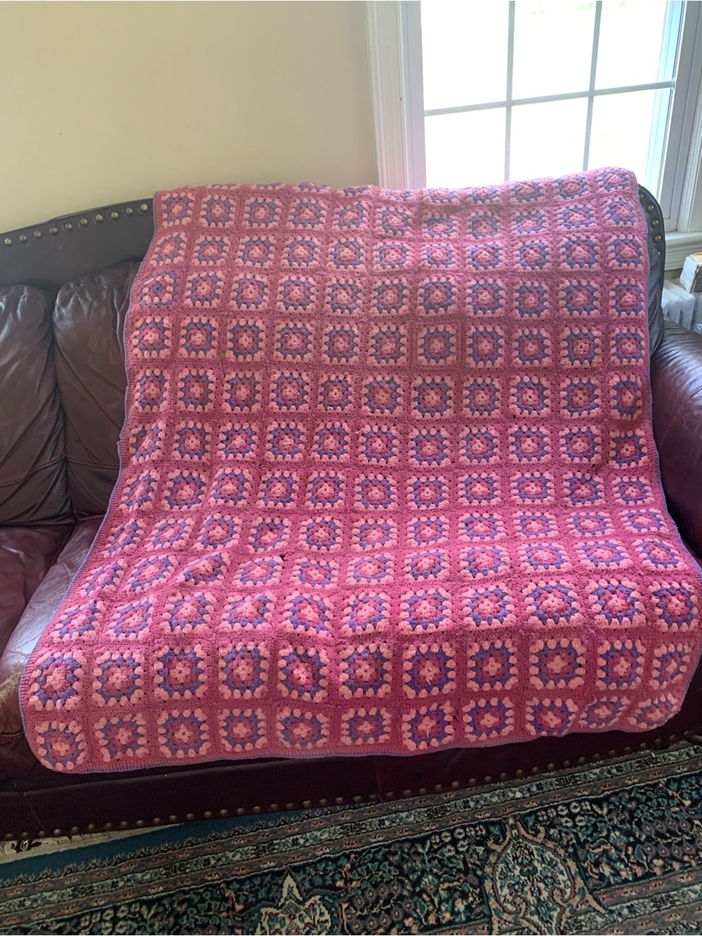 Handmade Crochet Granny Square Blanket - Pink & Purple Afghan Throw (66x48)